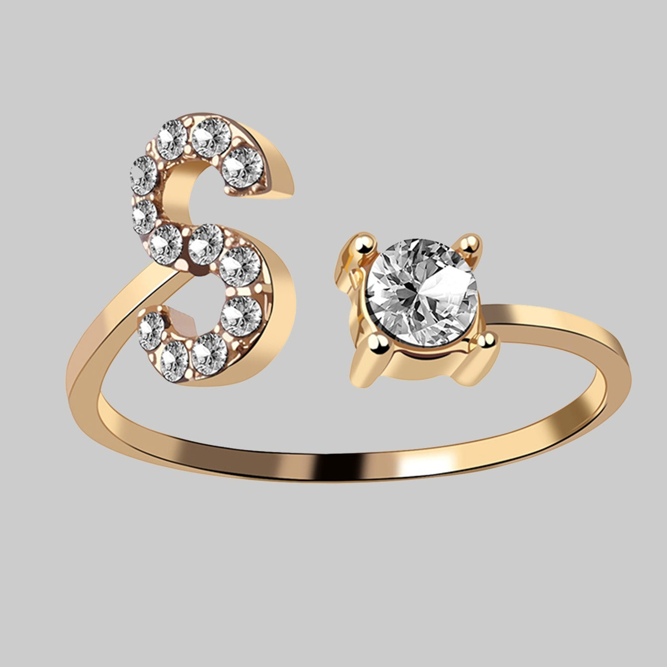 Shine Bright with Our Golden Zircon and Rhinestone Studded 26 Letters Open Adjustable Ring - Perfect Gift for Women