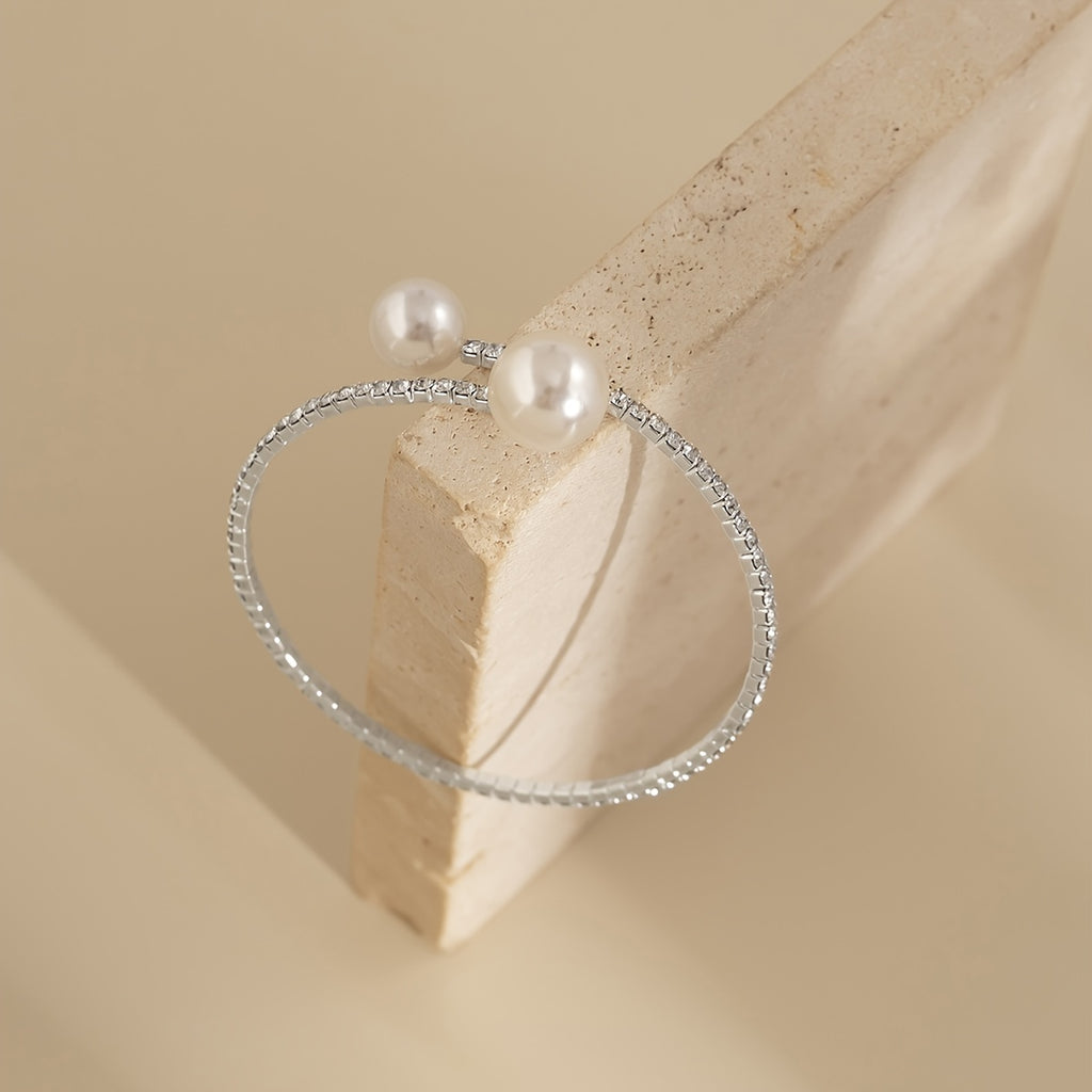 Gorgeous Open Cuff Bracelet with Faux Pearls & Sparkling Rhinestones - Adjustable Jewelry Gift