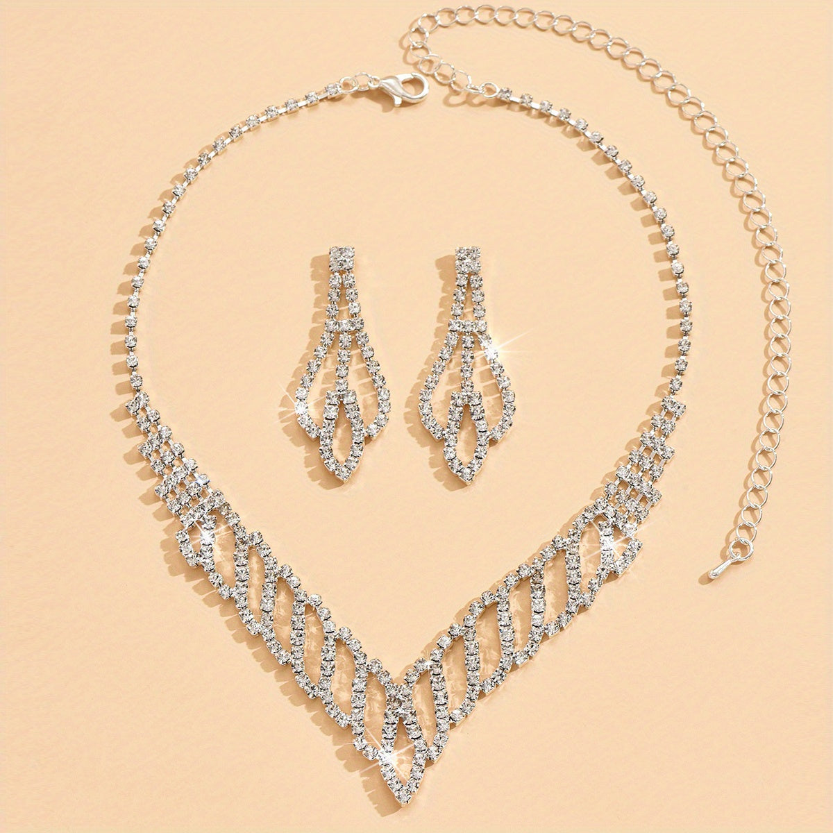 3pcs Earrings Plus Necklace Elegant Jewelry Set Silver Plated Inlaid Rhinestone Match Daily Outfits Dainty Party Accessories