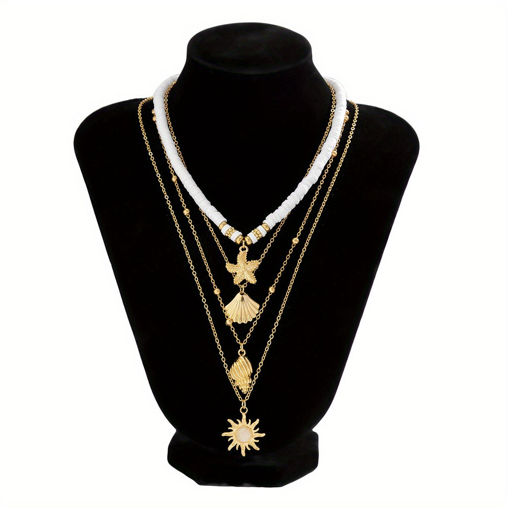 4pcs/Set Retro Exaggerated Soft Pottery Pendant Sunflower Starfish Multilayer Stacking Necklace
