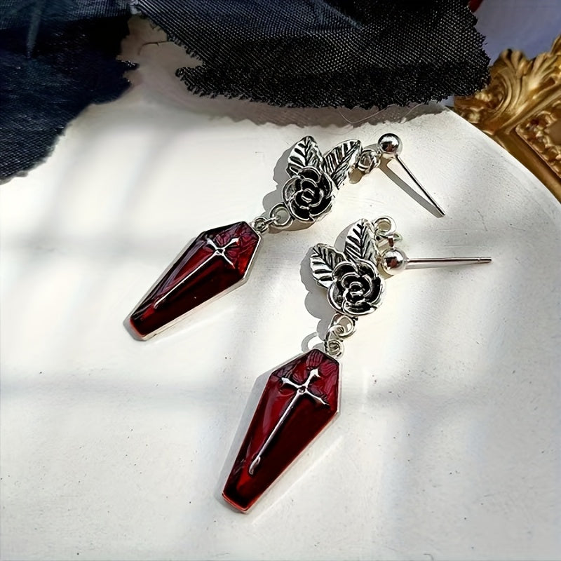 Gothic Rose Death Cross Pendant Ear Studs - Perfect for Halloween Cosplay, Harajuku Hip-hop Street Vintage Aesthetic Jewelry