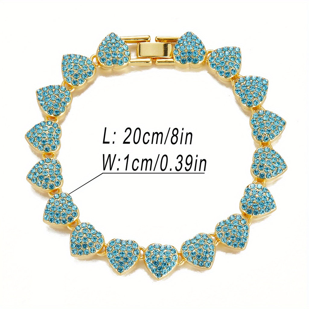 1pc Iced Out Blue Pink Heart Necklace Men Girls Women Hip Hop Alloy Rhinestone Golden Silvery Chain Mother's Day Jewelry Gift