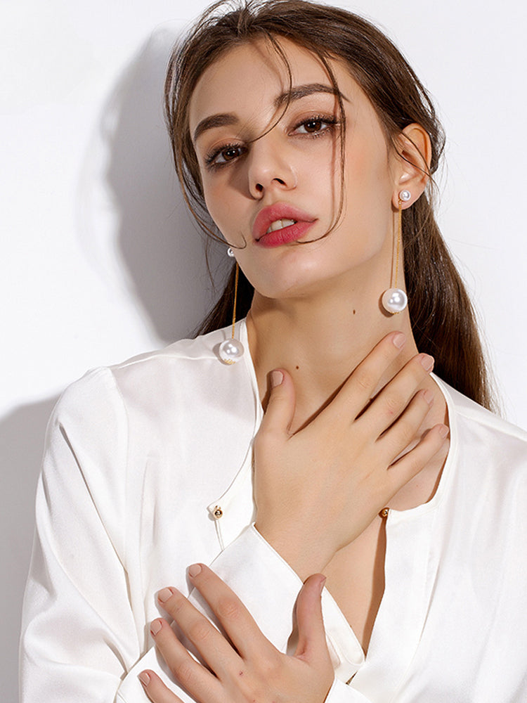 FN Artificial Pearl Long Earrings Sweet Tassel Chains Ear Clips  LOJS133