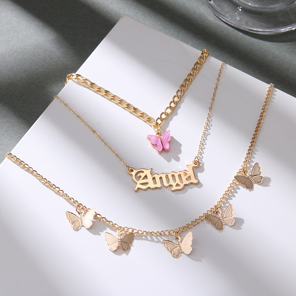 Letter & Butterfly Charm Layered Necklace