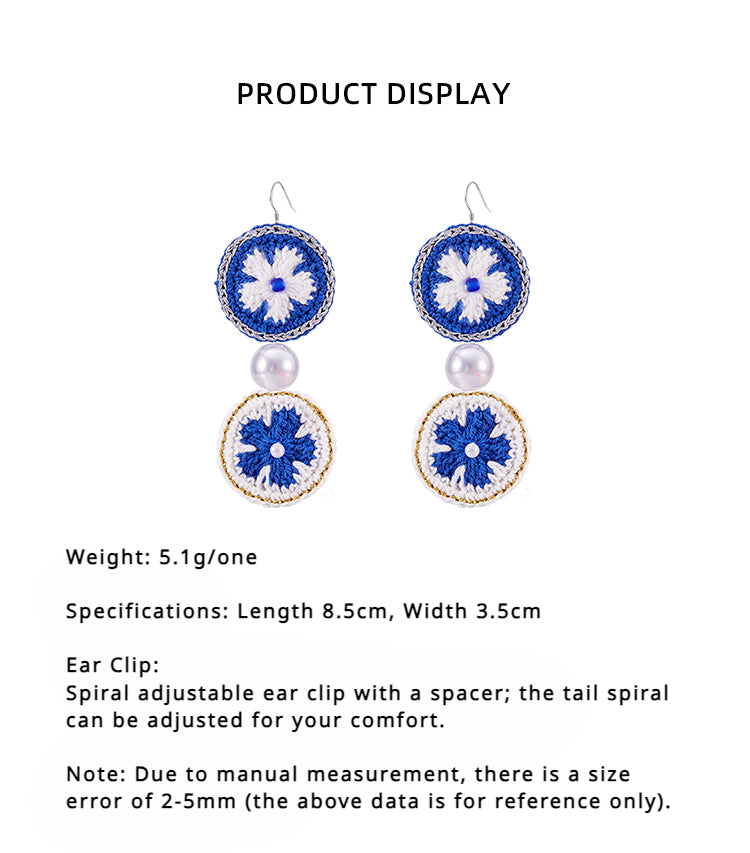 LB Hand Crochet "Piece Flower" Earrings Long Ear Clip LOJL101