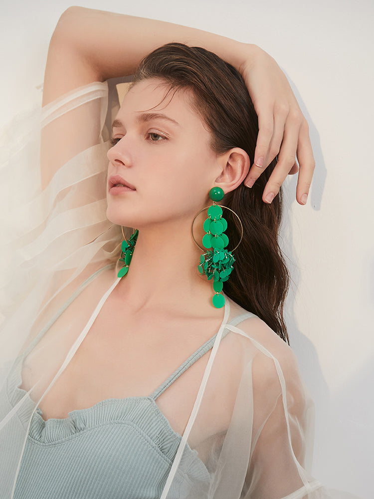 FN Long Round Slice Tassel Avocado Slim Earrings LOJS115