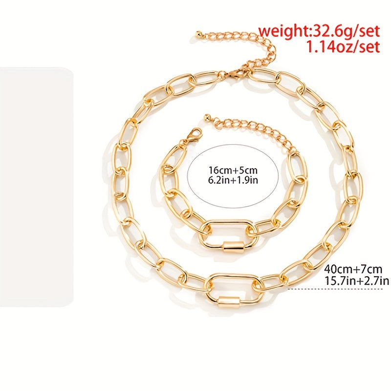 2pcs of Elegance: Women's O-Chain Metal Bracelet & Necklace Set