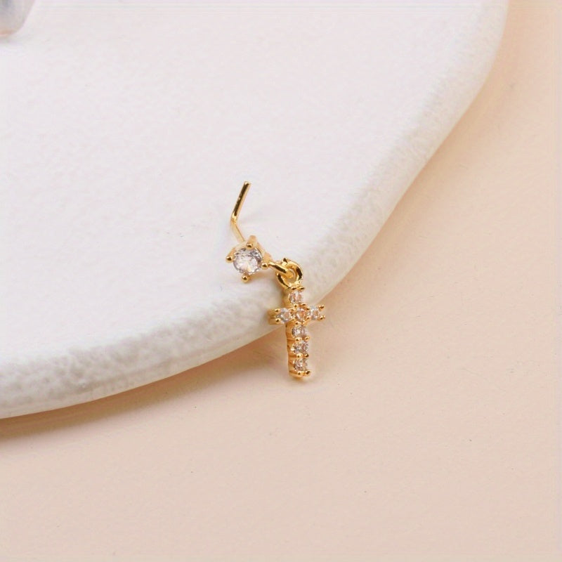 1pc Mini Cross Shape Pendant Nose Stud Ring Inlaid Shiny Zircon Elegant L-Shape Nose Piercing Jewelry