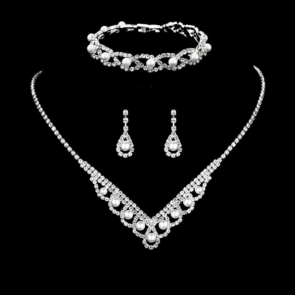 Elegant Faux Pearl Wedding Jewelry Set for Women - V-Shape Necklace, Drop Earrings, and Chain Bracelet - Shiny and Stylish Accessories for Brides and Girls