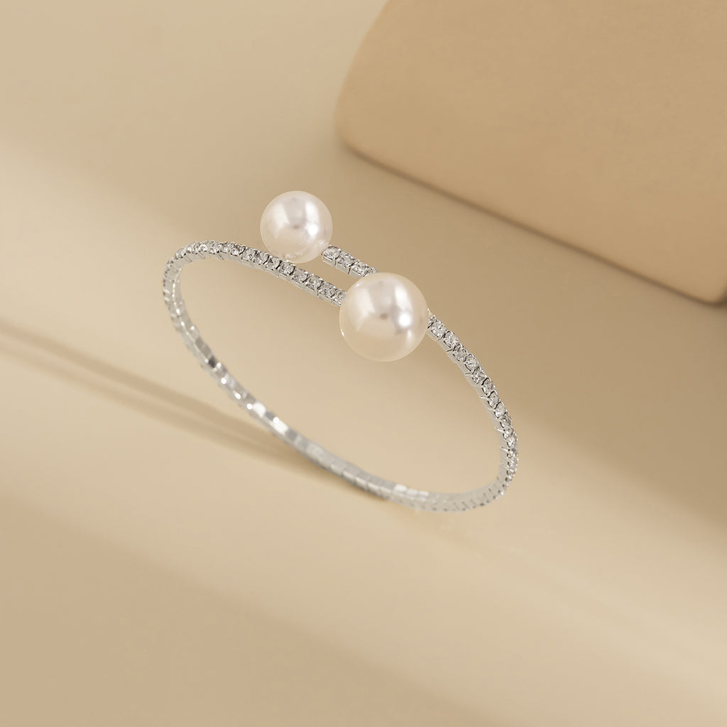 Gorgeous Open Cuff Bracelet with Faux Pearls & Sparkling Rhinestones - Adjustable Jewelry Gift