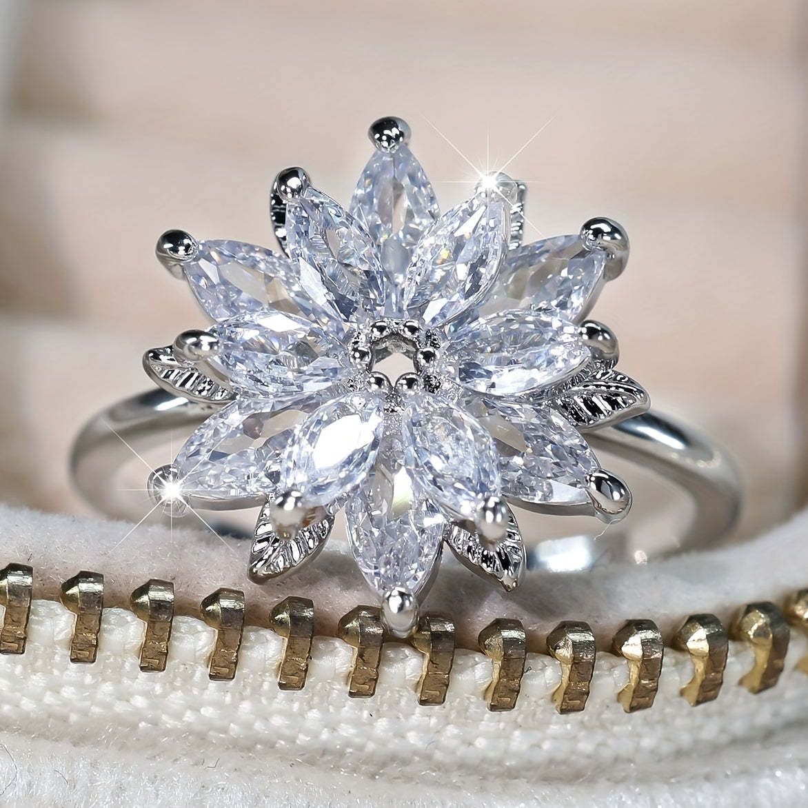 Exquisite Promise Ring Inlaid Shining Zircon Trendy Flower Design Match Daily Outfits Luxury Party Accessory For Female
