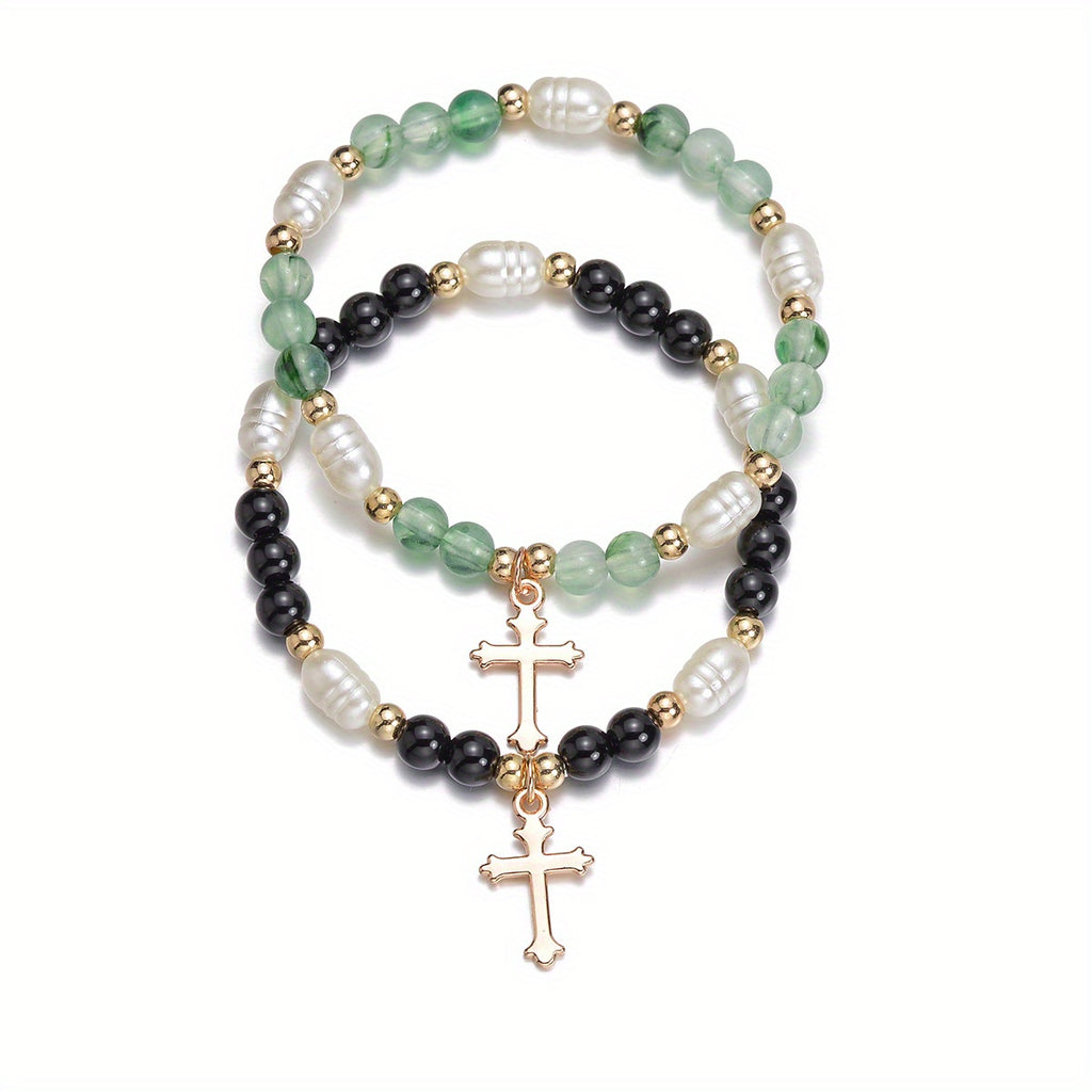 2pcs Cross Alloy Pendant Contrast Color Beaded Bracelet For Women