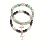 2pcs Cross Alloy Pendant Contrast Color Beaded Bracelet For Women