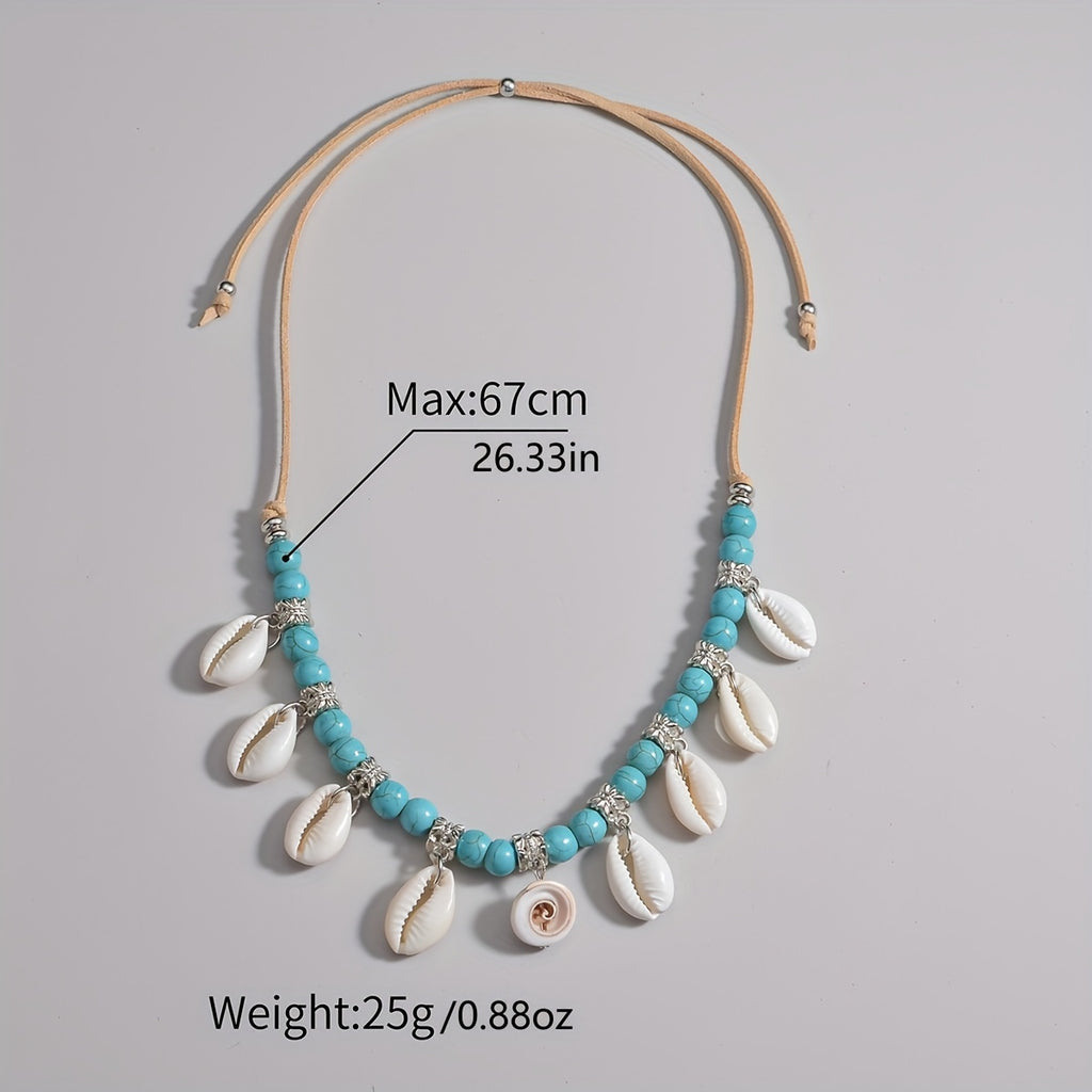 Bohemian Natural Shell Tassel Turquoise Beads Velvet Rope Women's Necklace
