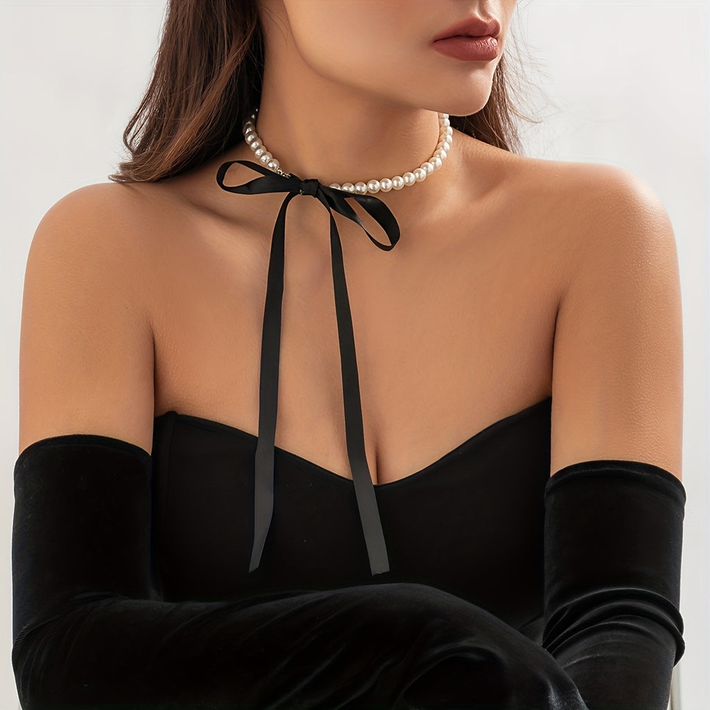 Sexy Style Beaded Bowknot Ribbon With Faux Pearl Chain Necklace