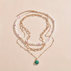 2pcs Multi-layer Stacking Necklace Simple Cat Eye Stone Heart Shaped Pendant Necklace For Women Girls