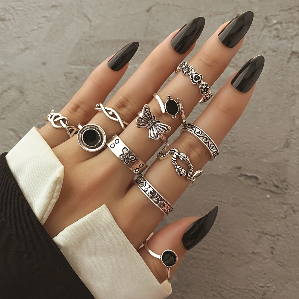 Complete Your Party Look with 11pcs Vintage Silver Snake Butterfly Flower Rings Set for Women and Girls