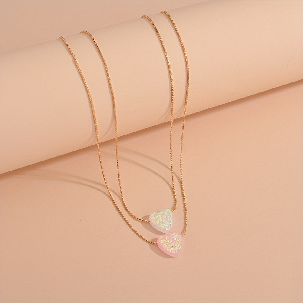 Acrylic Love Heart Pendant Double Layer Stacking Alloy Necklace For Women Girls