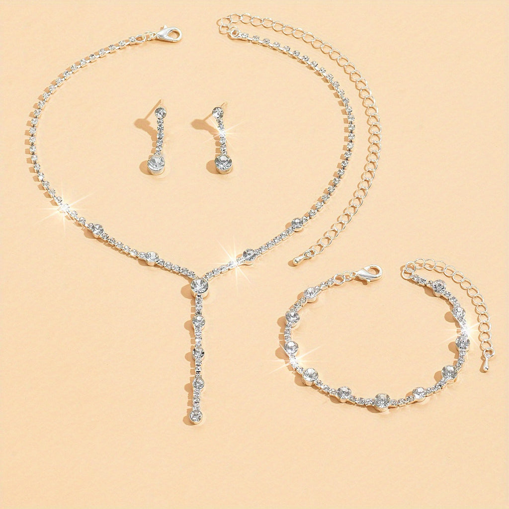 4pcs Necklace Earrings Plus Bracelet Dainty Jewelry Set Silver Plated Inlaid Rhinestone Evening Party Decor Wear It To Night Club