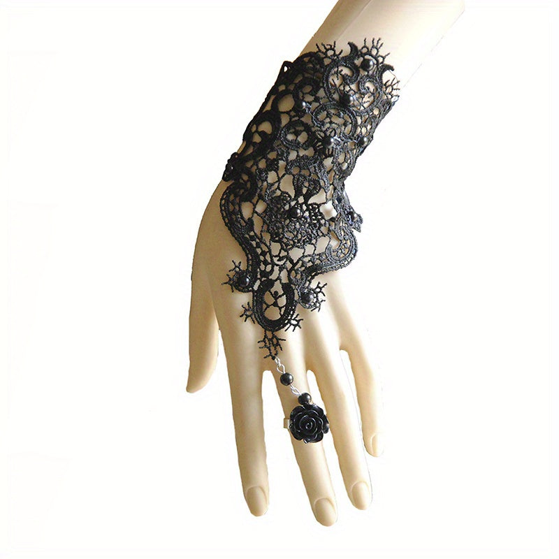 1pc Women Goth Rose Beads Flower Lace Hollow Out Glove Adjustable Ring Long Bracelet