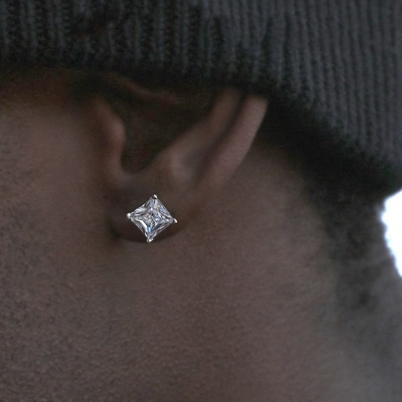 D Color VVS Moissanite Square Stud Earrings - Lab Created Diamond, Hypoallergenic Zircon, Men's Hip-Hop Jewelry