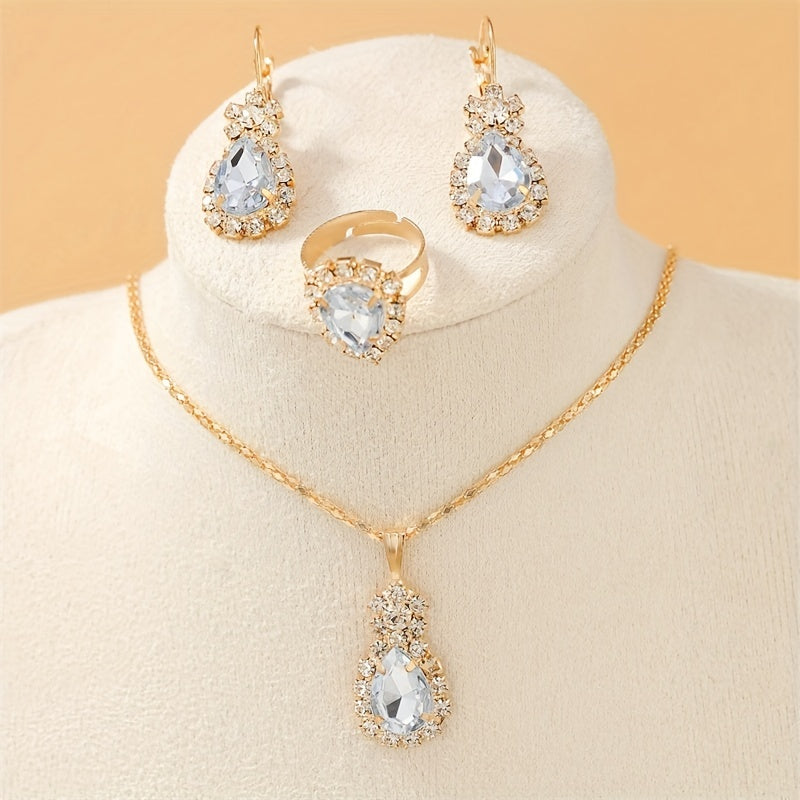 Elegant Water Drop Jewelry Set - Pendant Necklace, Drop Hook Earrings, and Ring with Sparkling Cubic Zirconia Stones - Perfect Wedding Accessories and Gift
