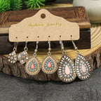 12 pairs Ethnic Style Women's Earrings Set - Multi-colored Round and Drop-shaped Flowers with Turquoise and Rhinestone Pendants