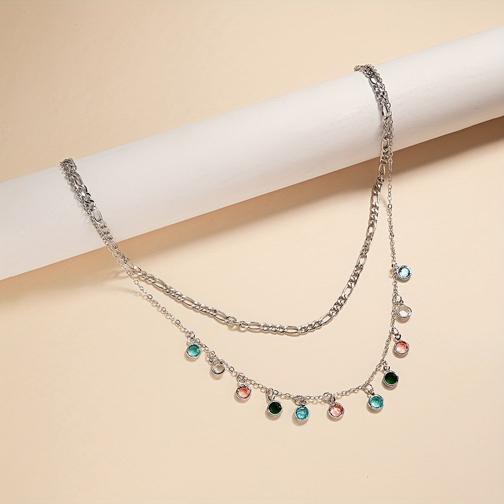 Colorful Crystal Stone Tassel Beads Double Layer Alloy Necklace For Women Girls Summer Holiday Ornament