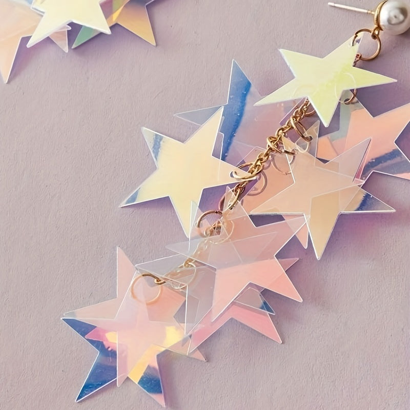 Pentagram Sequins Chain With Faux Pearl Decor Dangle Earrings Alloy Jewelry Creative Female Gift