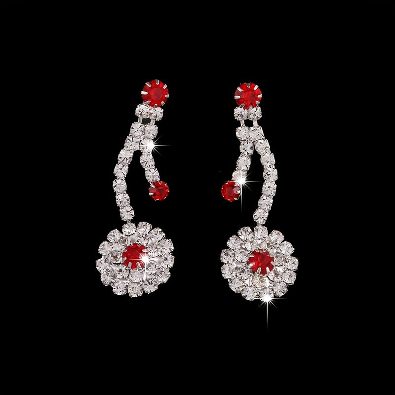 Flower Rhinestone Jewelry Set - Stunning Red Tiny Rhinestone Pendant Necklace and Dangle Earrings for Women and Girls - Perfect for Parties, Proms, and Costumes
