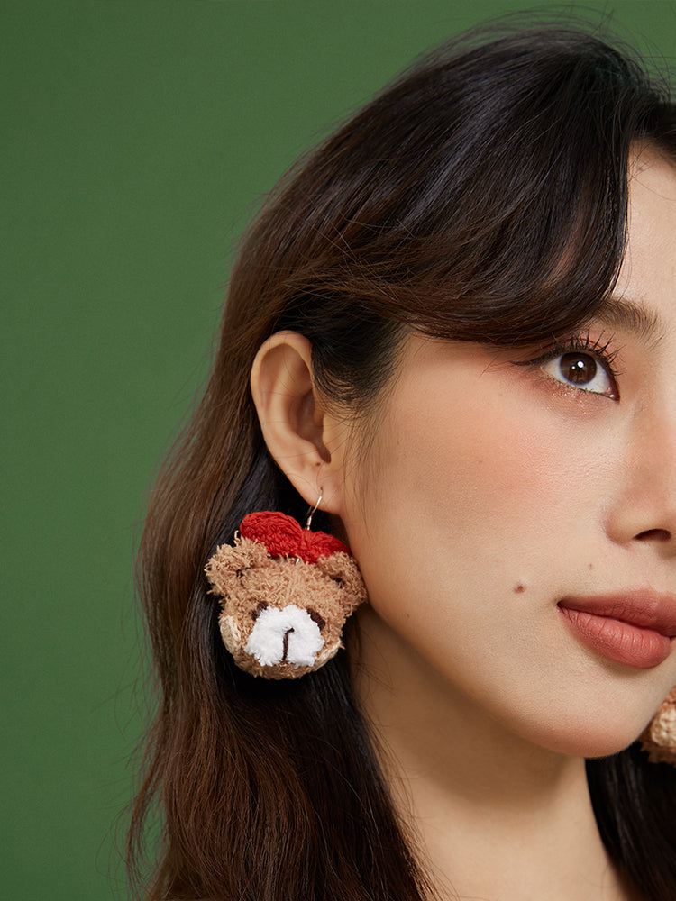 LB Hand Crochet "Teddy Bear" Earrings "Bow Bear" Ear Clip LOJL91