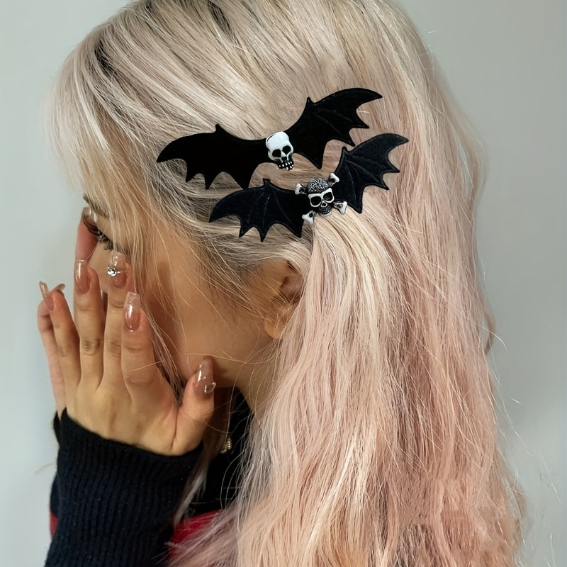2pcs Punk Bat Hair Clip Halloween Skull Duckbill Clip Horror Bat Wing Alligator Clip For Women Girls Party Festival Decoration