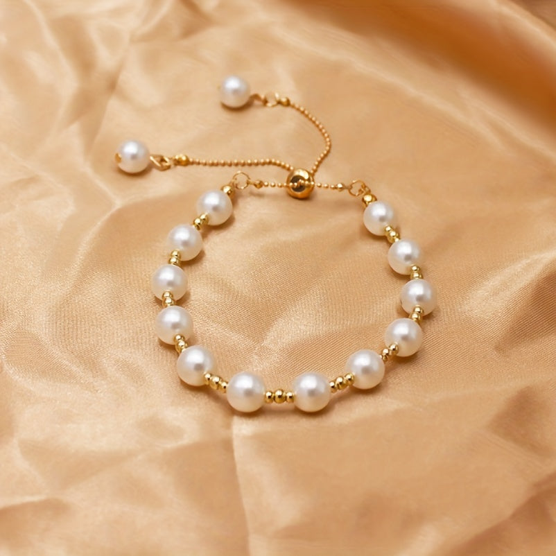 Faux Pearls Beaded Bracelet Adjustable Hand Jewelry For Women & Girls 1 Pc