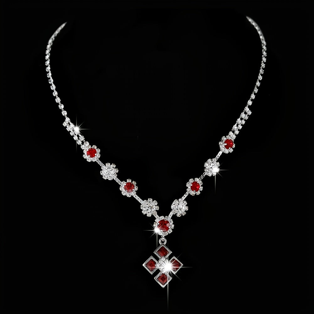 Elegant Red Zircon Jewelry Set with Sparkling Rhinestone Pendant Necklace and Dangle Earrings for Women and Girls
