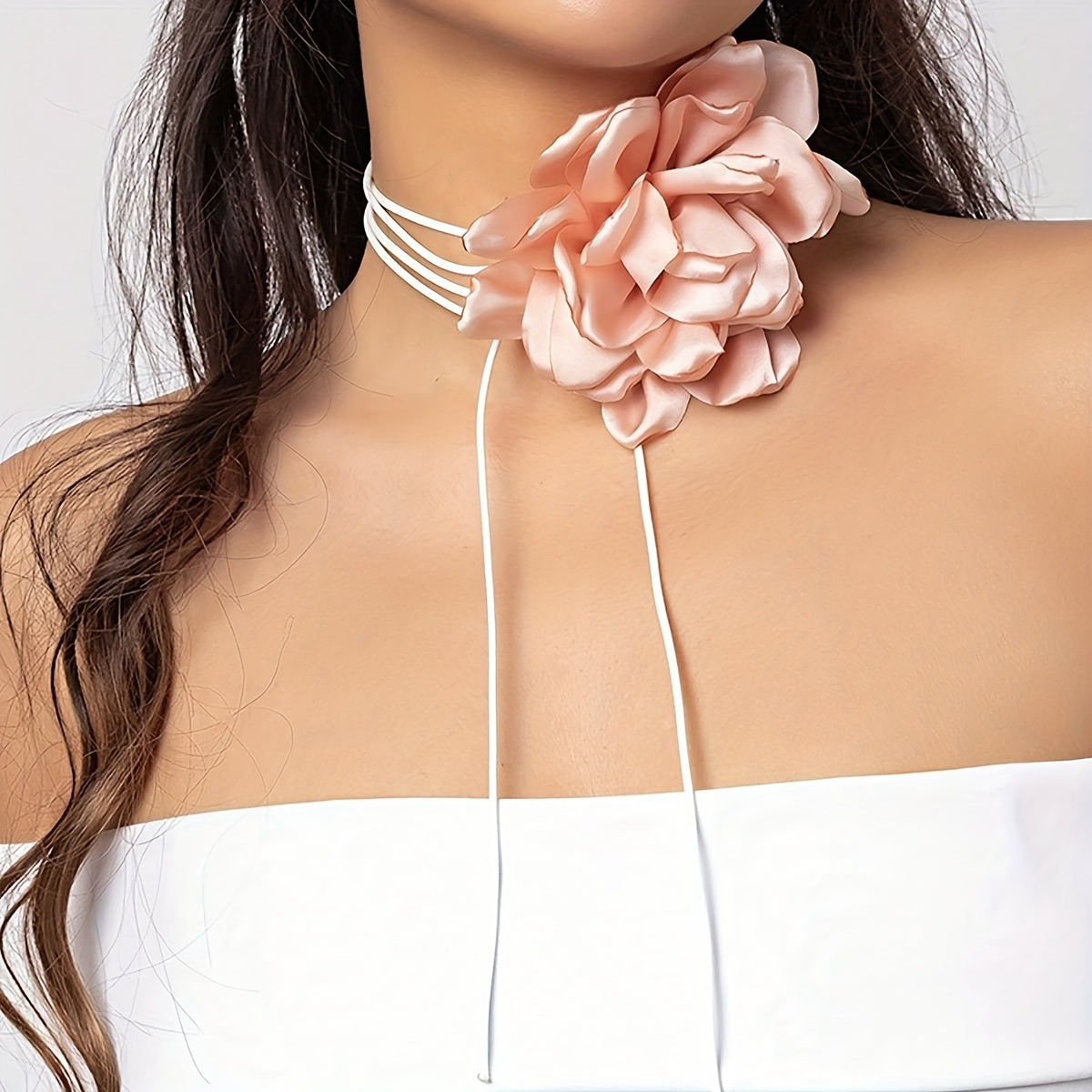 Elegant French Vintage Flower Necklace - Romantic Long Strap Design with Wax Cord
