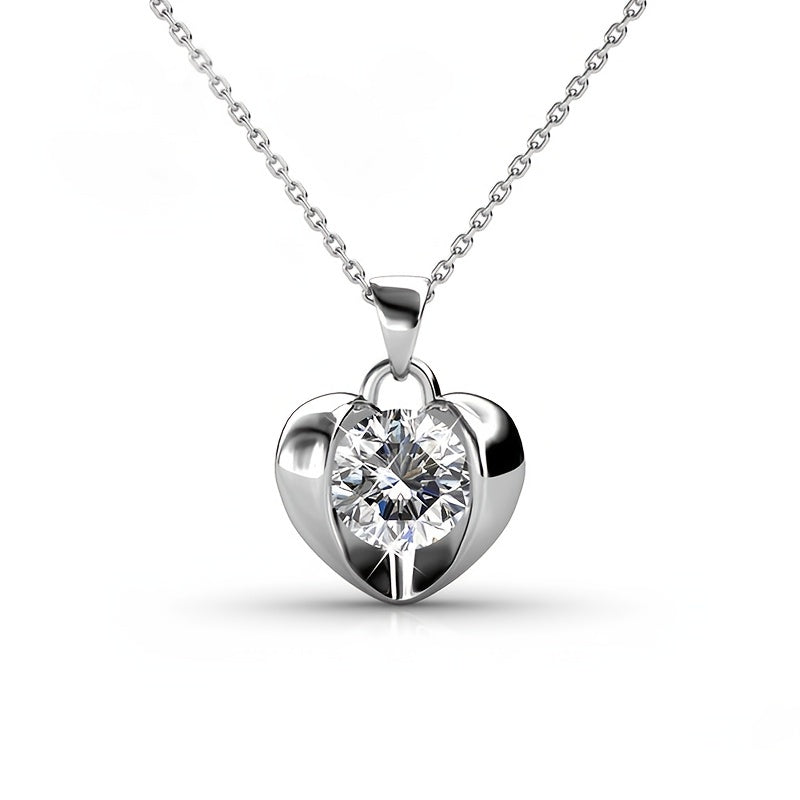 1ct Round Moissanite Heart Shaped Crystal Pendant White Gold Plated Necklace Jewelry Gift For Woman Girls