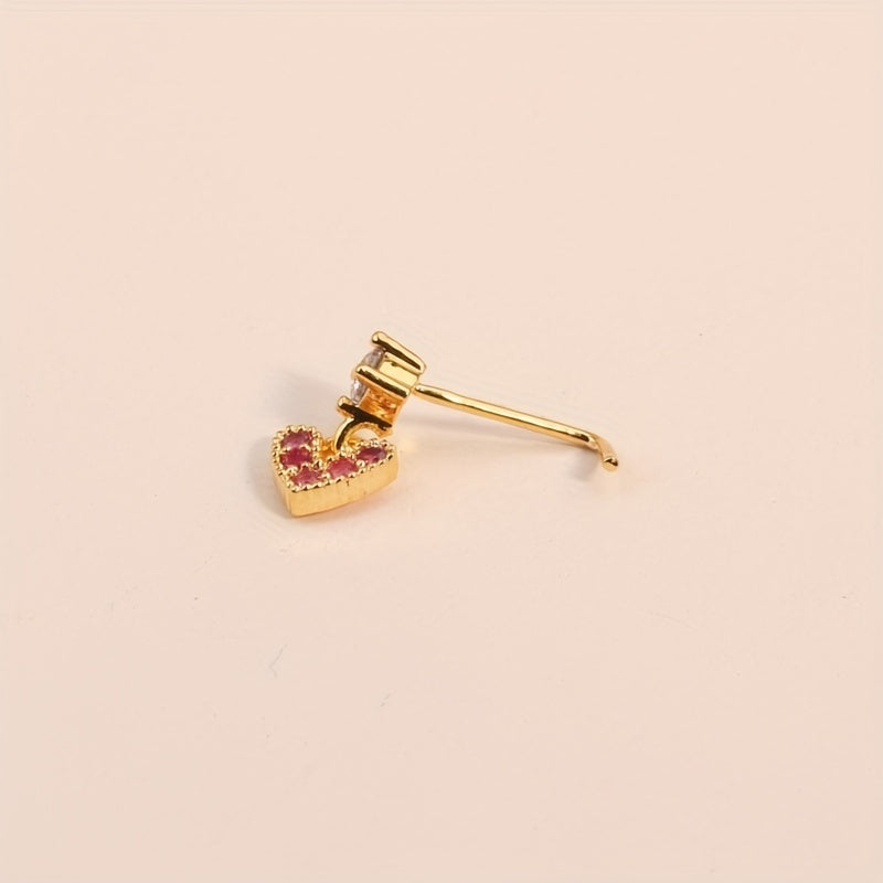 Mini Love Heart Shape Pendant Nose Nail Inlaid Shiny Pink Zircon L-Shaped Ear Cartilage Piercing Body Jewelry
