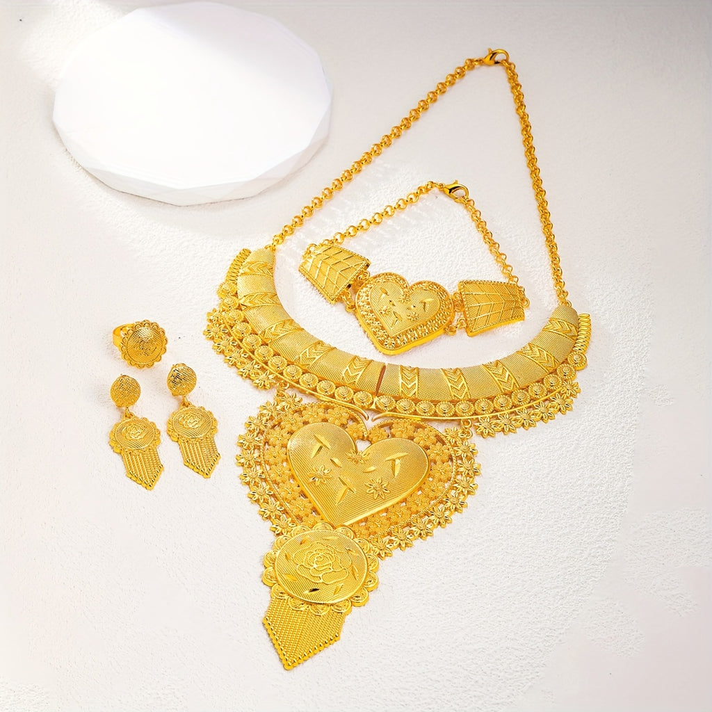 5pcs Earrings Necklace Bracelet Plus Ring Luxury Jewelry Set 18k Gold Plated Exaggerated Heart And Flower Design Stunning Party Accessories