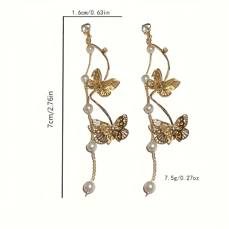 Exquisite Golden Butterfly Long Chain Faux Pearl Decor Dangle Earrings Retro Bohemian Style Zinc Alloy Jewelry Wedding Accessories