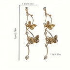 Exquisite Golden Butterfly Long Chain Faux Pearl Decor Dangle Earrings Retro Bohemian Style Zinc Alloy Jewelry Wedding Accessories