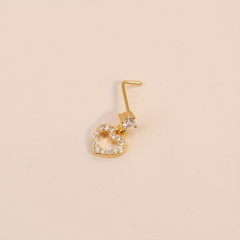 L Shape Dangle Nose Ring Stud CZ Hollow Heart Ear Cartilage Piercing Pendant Body Piercing Jewelry