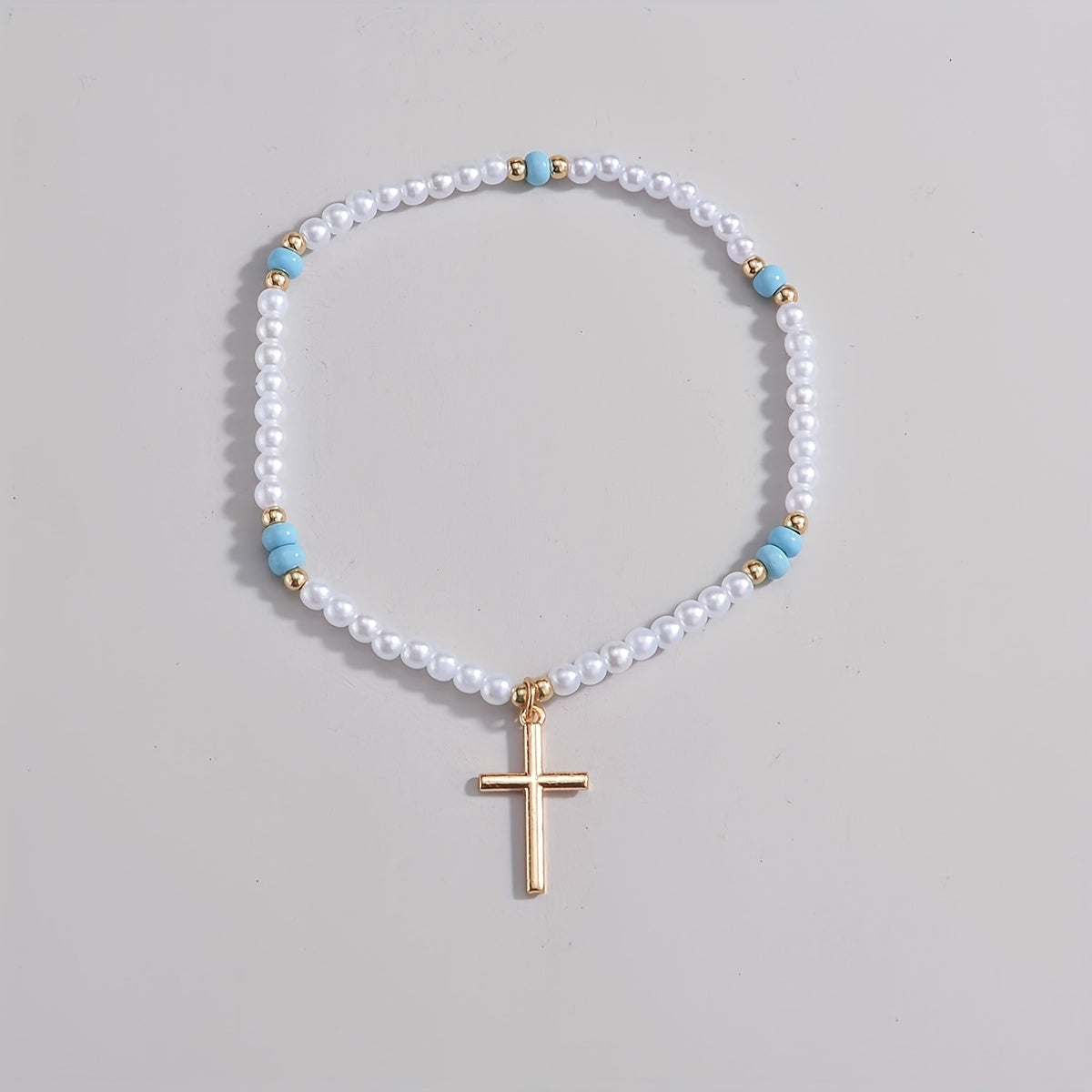 Cross Shape Pendant Beaded Anklet With Mini Faux Pearls Beads Elegant Ankle Bracelet For Women Girls
