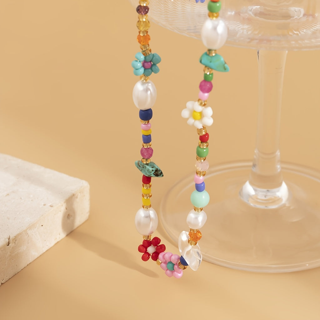 Gorgeous Floral Flower Choker Necklace - Colorful Rice Beads Holiday Jewelry for Women & Girls
