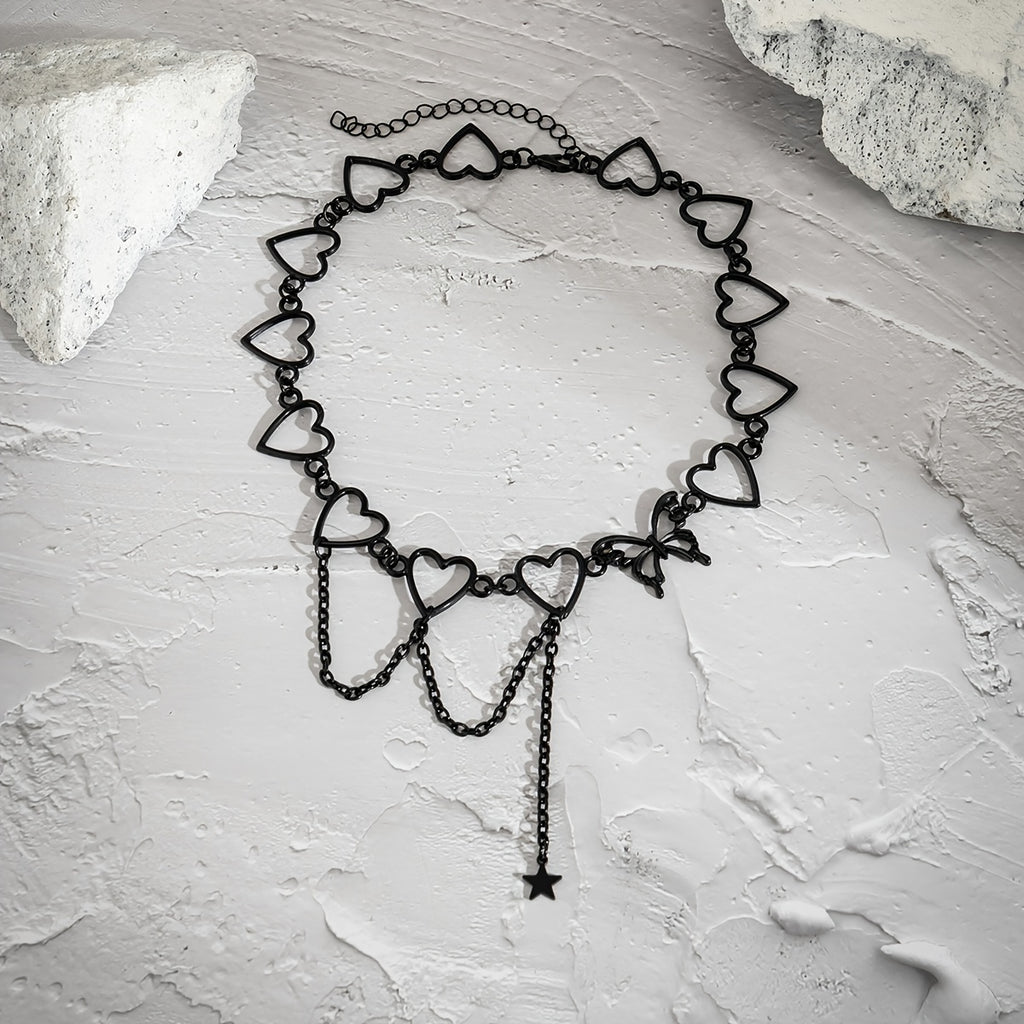 Punk Style Hollow Heart Choker Necklace With Star Shape Pendant Hollow Chain Tassel Adjustable Neck Jewelry Decoration For Women & Girls Party Clothings Accessories