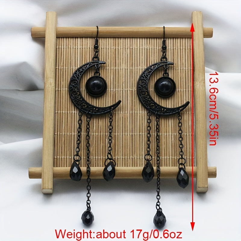 Halloween Ear Jewelry Carved Golden Moon Chain Tassel Design Dangle Earrings Goth Style Female Gift
