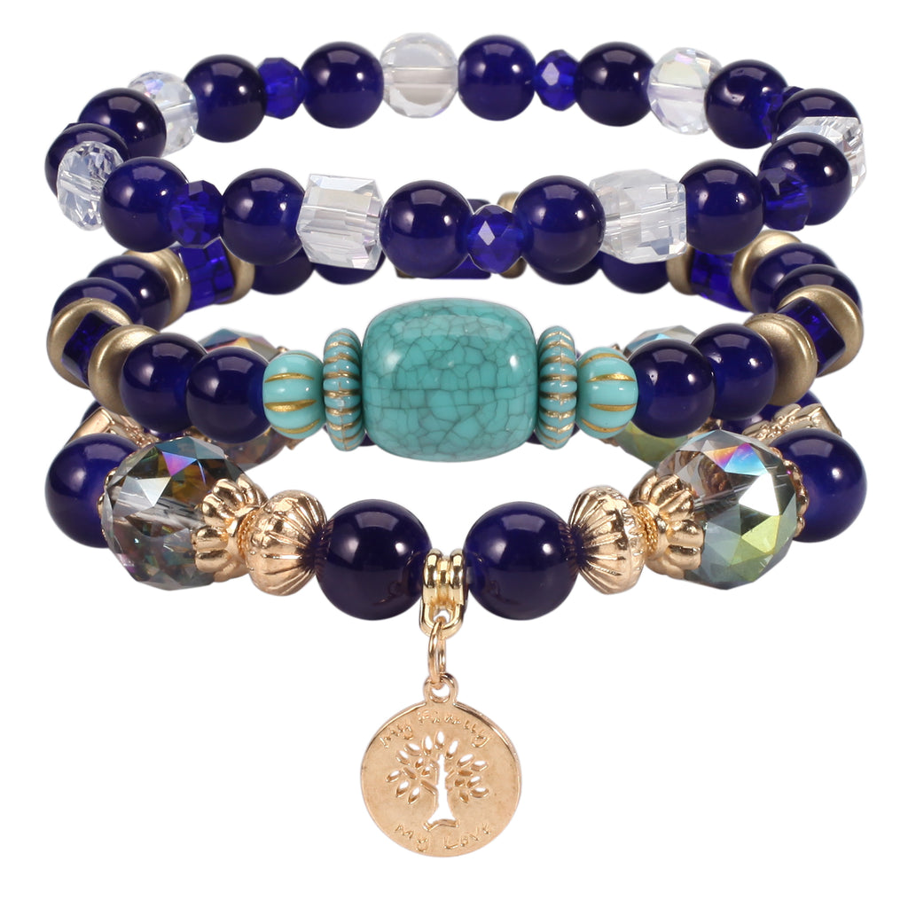 Boho Handmade Glass Beaded Charm Bracelet Set of 3 with Peace Tree Pendant