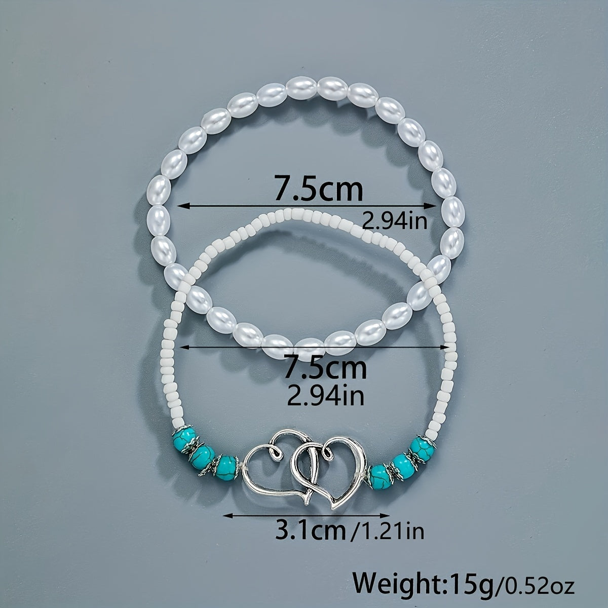 Double Hollow Out Love Heart Beaded Anklet Set With Faux Pearls Turquoise Beads Stackable Ankle Bracelet