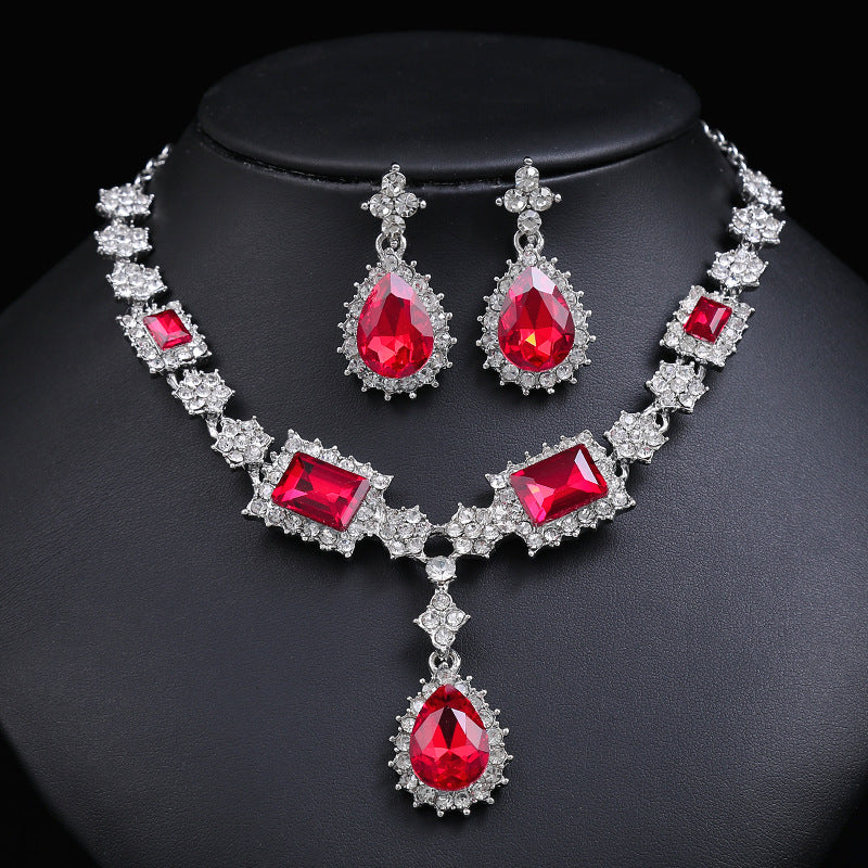 Faux Ruby Jewelry Set With Water Drop Shape Synthetic Gems Pendant Necklace & Dangle Earrings Set Jewelry Gift