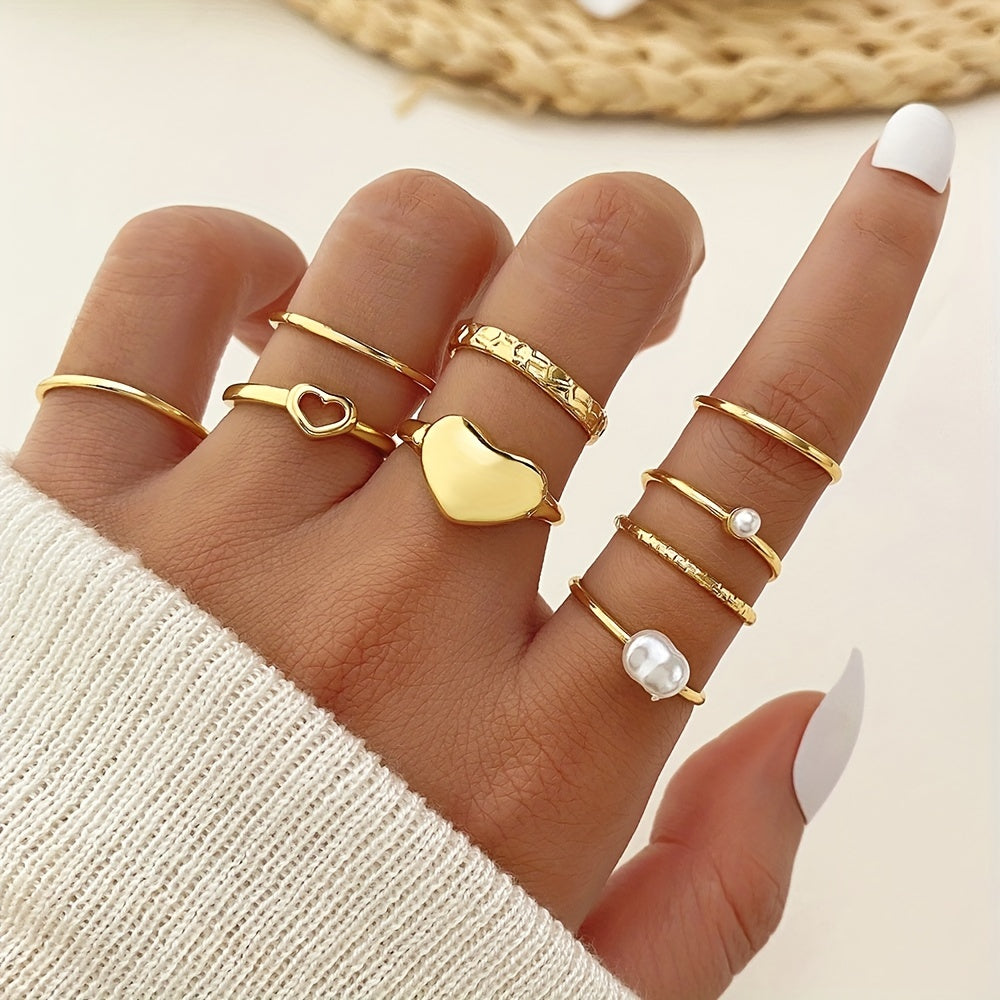 Vintage Punk Ring Set Trendy Heart Pattern Irregular Geometric Boho Rings Stackable Jewelry For Daily Routine And Party