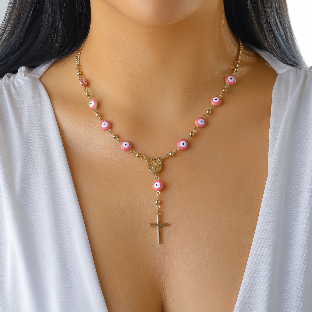 Devil's Eye Beaded Necklace Cross Shape Pendant Y-shaped Necklace Elegant Neck Chain Jewelry